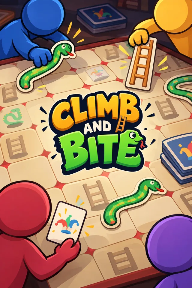 Climb and Bite key art: four players around a wooden board, one lowering a snake onto the tiles and one lifting a ladder, with cards and a die beside them