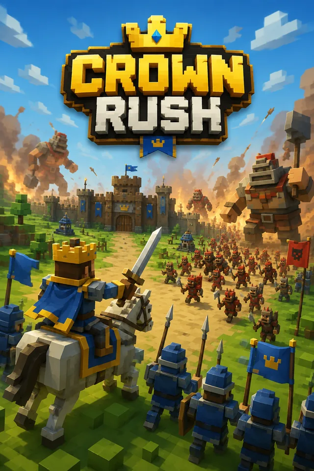 Crown Rush key art: a voxel king on a white horse leading blue spearmen against a red horde and two stone giants outside his castle keep
