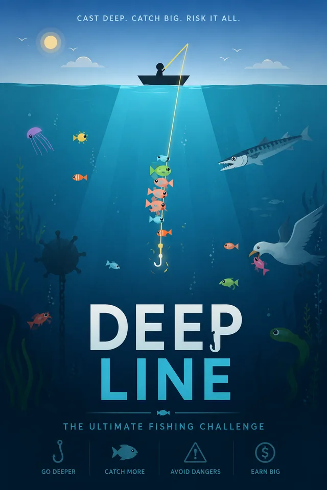 Deep Line key art: a baited line dropping from a small boat past fish, a barracuda and an eel
