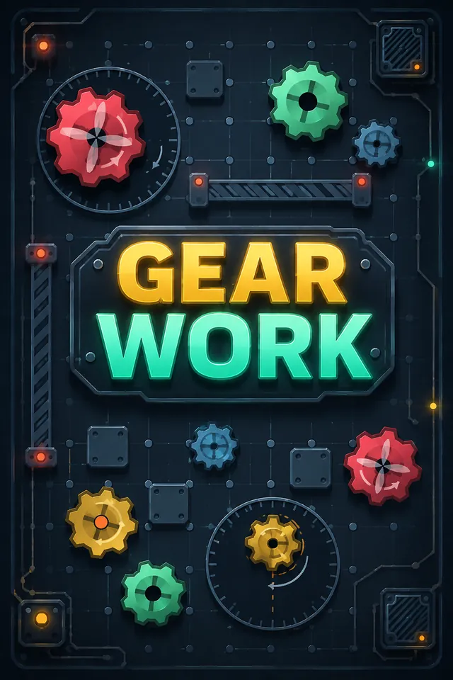 Gear Work key art: coloured gears, sliding gates and rotating dials laid out across a dark steel circuit panel