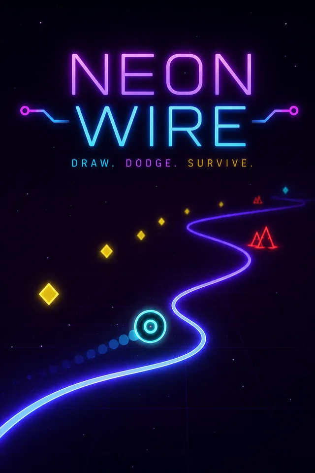 Neon Wire key art: a glowing orb tracing a winding neon wire past spikes and gems