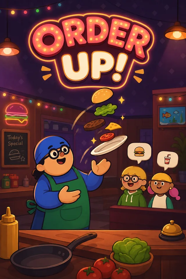 Order Up! key art: a chef in a green apron flipping a burger onto a plate in a neon-lit diner while two guests wait at the counter