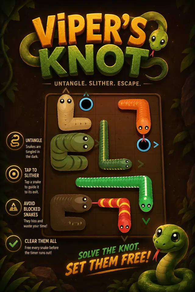 Viper's Knot key art: cartoon snakes knotted across a dark grid board beside green exit arrows and two round portal holes